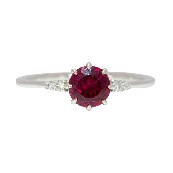 Round Rubellite Tourmaline Ring in Solid 14K White Gold with Diamond Accents